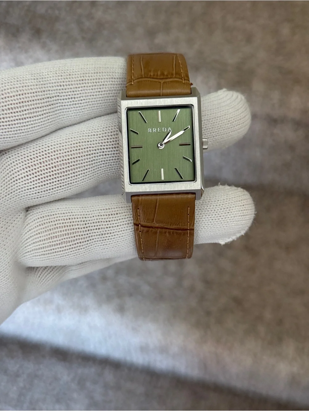 Breda Tank Watch Unisex 26mm w/ Brown Leather Band and Green Face